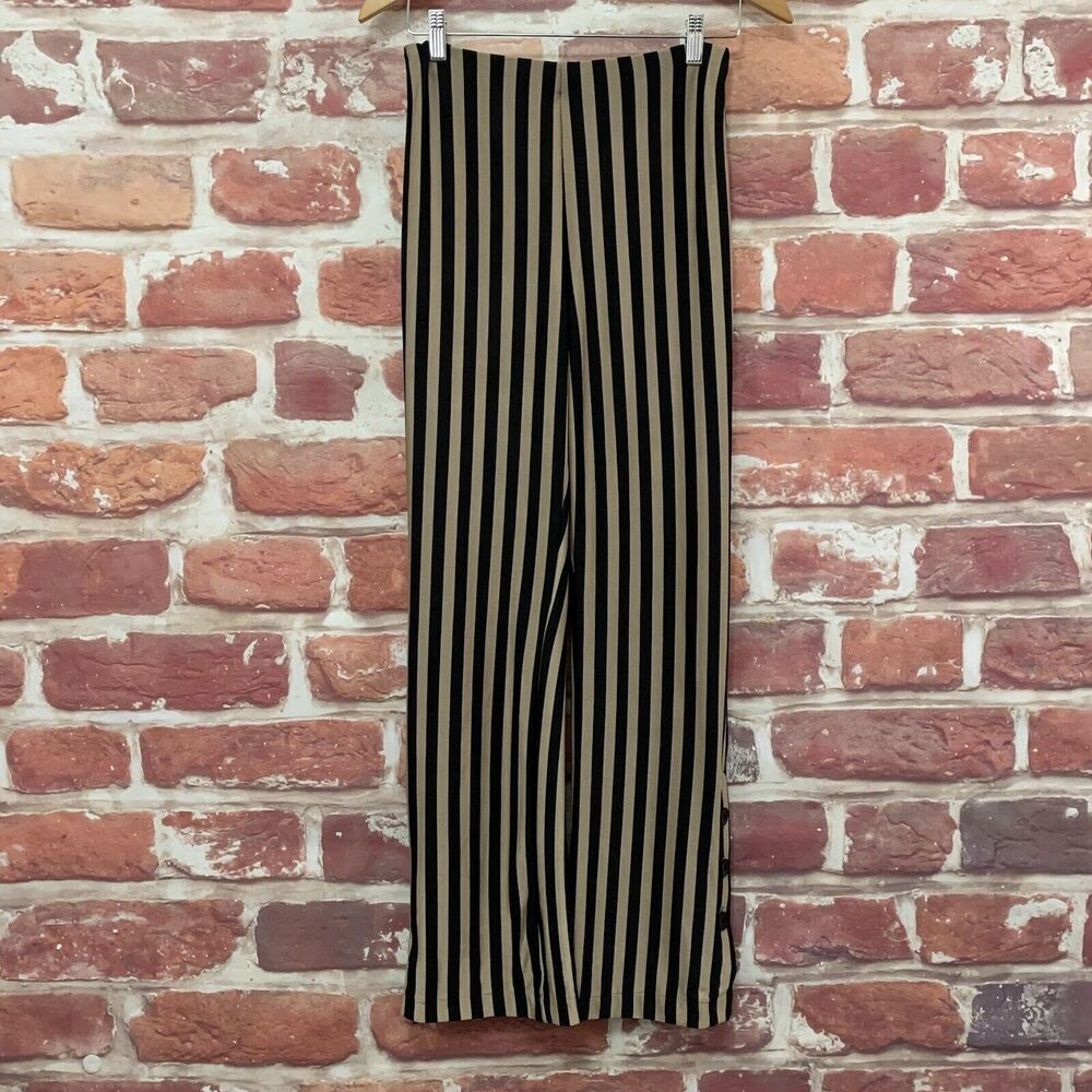 Zara Trafaluc Pants Womens Small Tan Black Striped Stretchy Button Leg Pull On